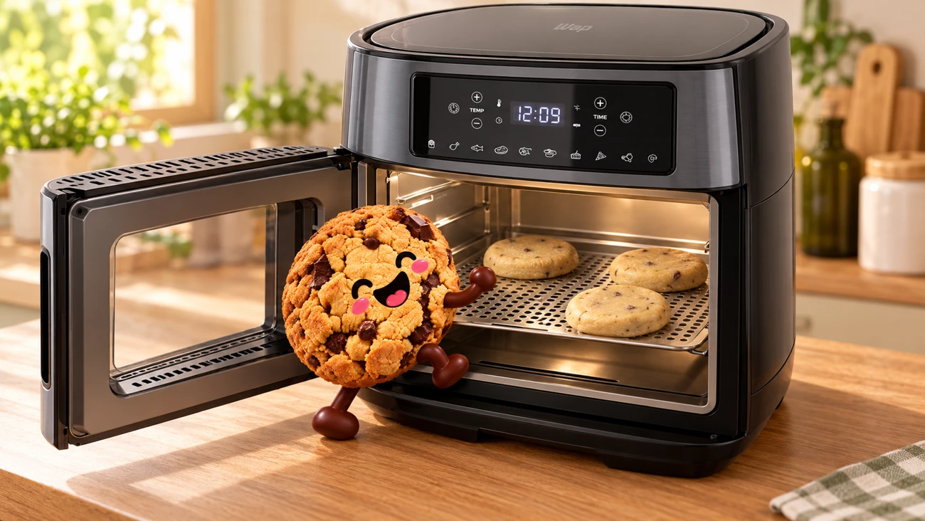 Mascote de cookie Nowheat entrando na air fryer