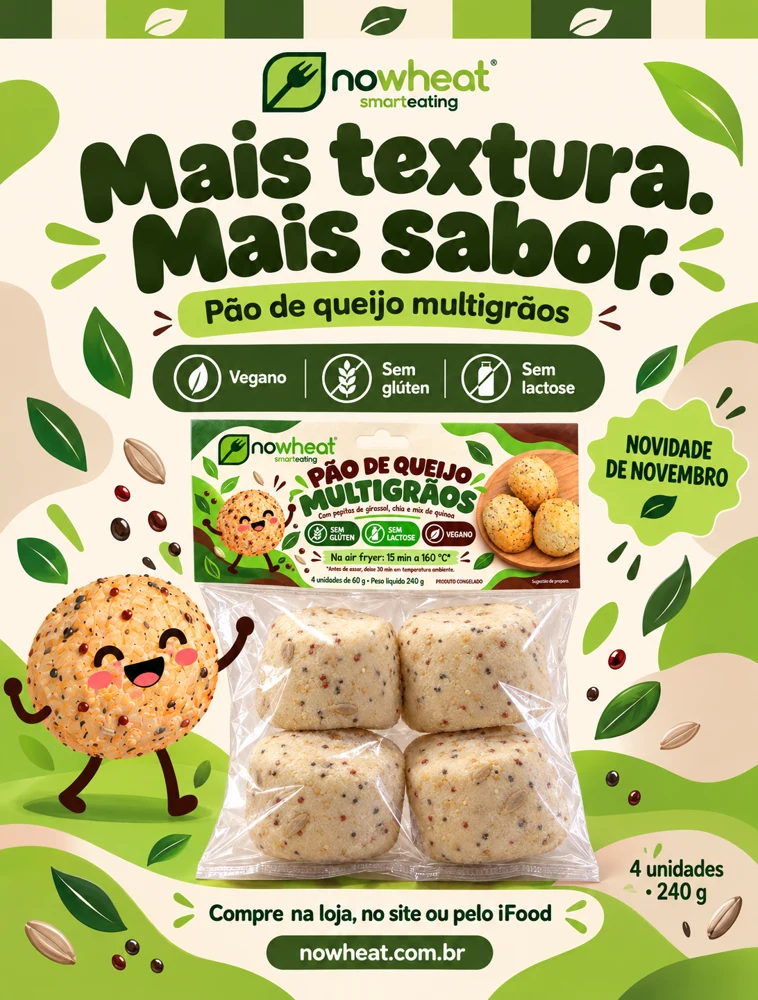 Pão de queijo multigrãos — arte oficial Nowheat