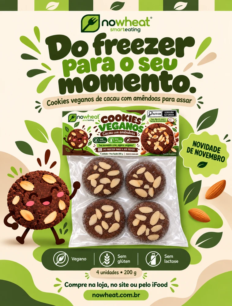 Cookies veganos de cacau e amêndoas — arte oficial Nowheat
