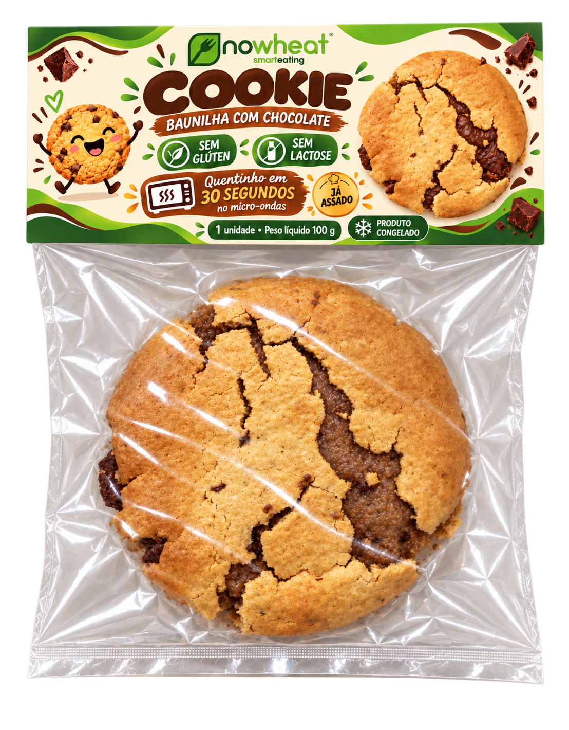 Cookie de baunilha com chocolate Nowheat, embalagem real