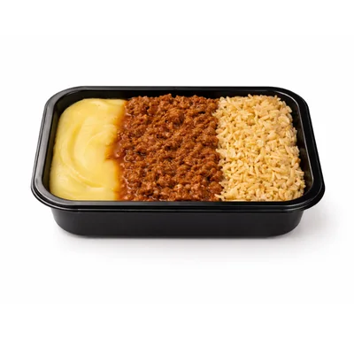 Carne moída com purê de batata e arroz integral