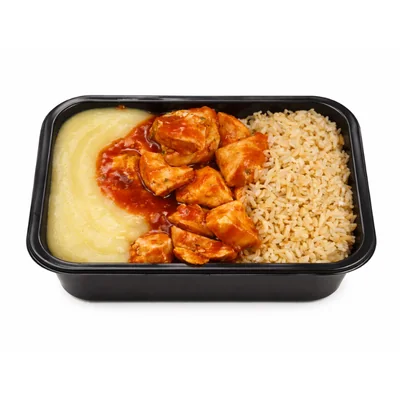 Frango com purê de batata e arroz