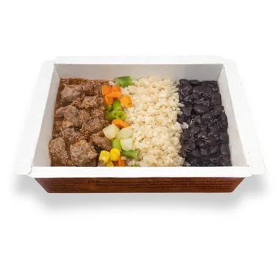 Feijão, arroz integral, picadinho de carne com legumes