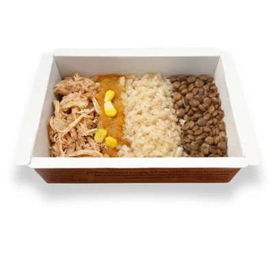 Franguinho, arroz integral, moranga e lentilha