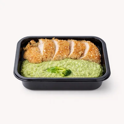 Frango crispy com mousseline de brócolis