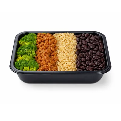Carne moída, arroz integral, feijão e brócolis