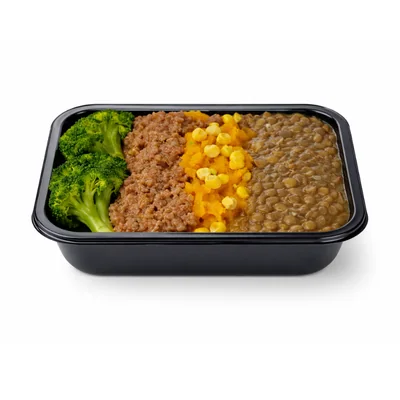 Carne moída, moranga, lentilha e brócolis