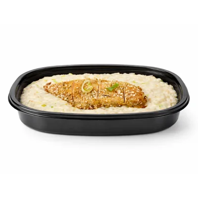 Frango crispy e risoto de alho-poró