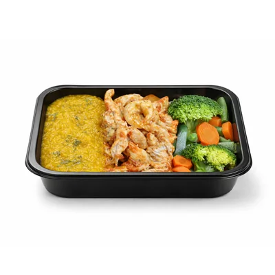 Purê de moranga, frango em iscas e legumes